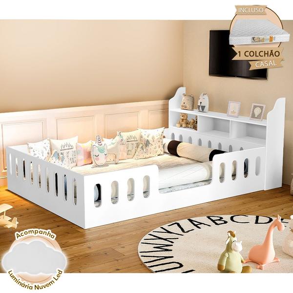 Imagem de Cama Casal Design Montessoriana Helo com Nicho e Colchão D28 Branca Divaloto + Luminária