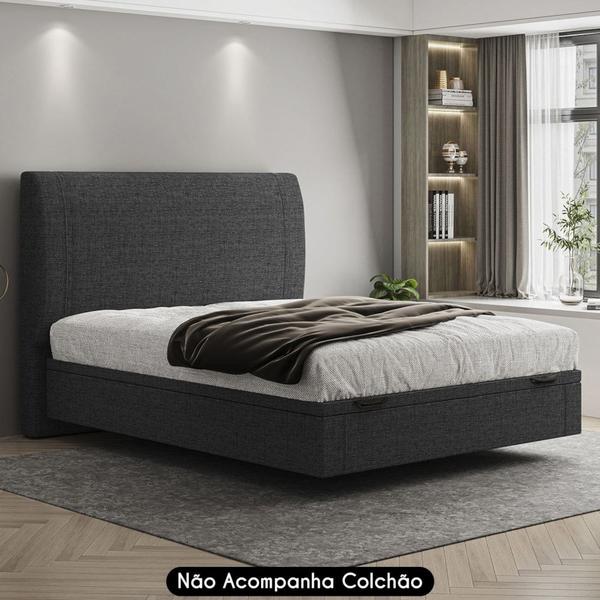 Imagem de Cama Casal Flutuante Baú Cabeceira 140cm Fly S05 Linho Preto - Mpozenato