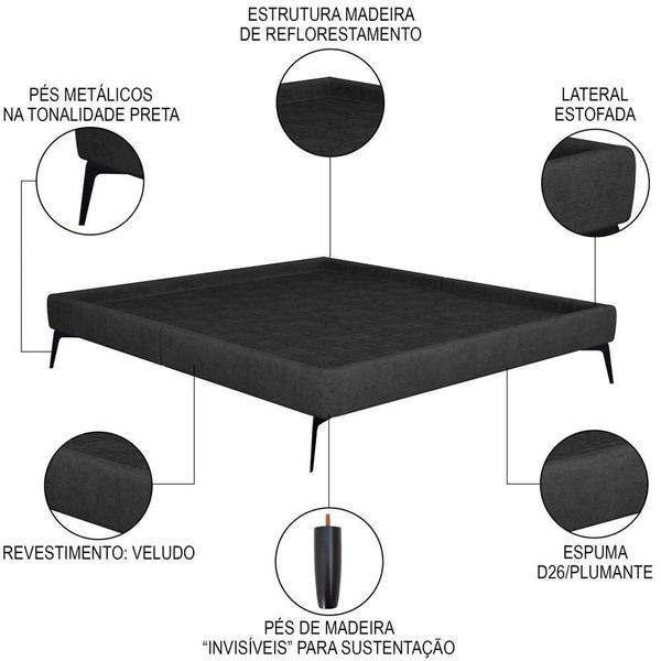 Imagem de Cama Casal King 199cm Pés Metálicos Elisa S05 Veludo Preto