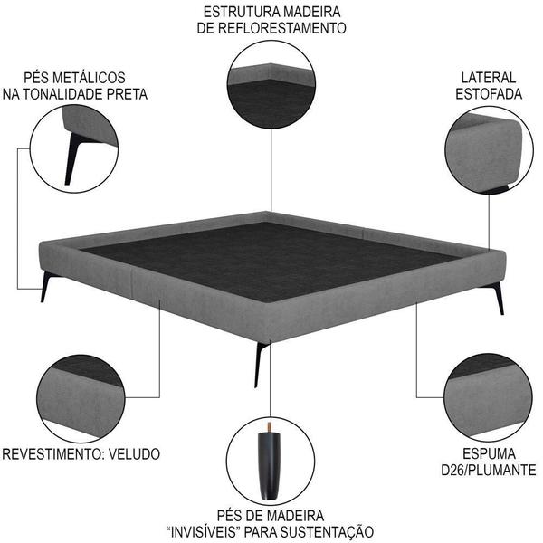 Imagem de Cama Casal King Com Cabeceira 199cm Pés Metálicos Elisa S05 Veludo Cinza