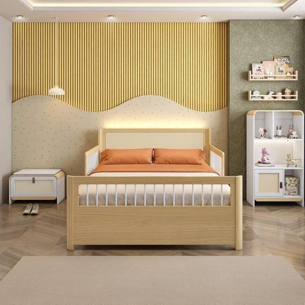 Imagem de Cama Casal Montessoriana Reversível, Estante 4 Nichos em LED e Sapateira 1 PT Infantil Wave Casatema Branco / Natural