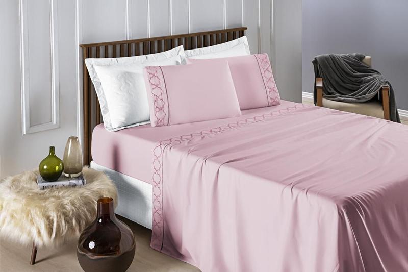 Imagem de Cama Casal Queen Madri Bordado 300 Fios Macio Rosa