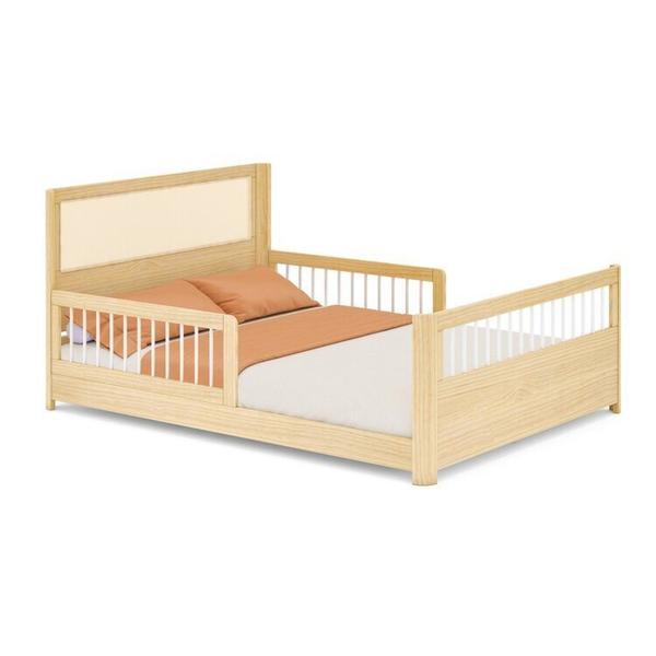 Imagem de Cama Casal Wave Montessoriana Led com Rattan, Grade de Proteção e Peseira Palitos Casatema