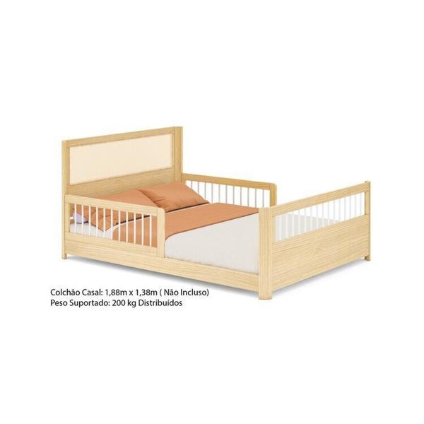 Imagem de Cama Casal Wave Montessoriana Led com Rattan, Grade de Proteção e Peseira Palitos Casatema