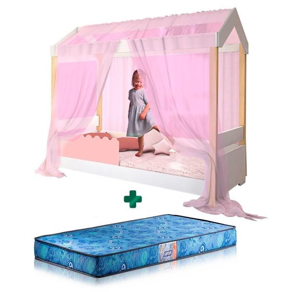 Imagem de Cama Casinha Com Proteção Rose E Voal Rosa Solteiro Jhulia Divaloto Com Colchão Gazin