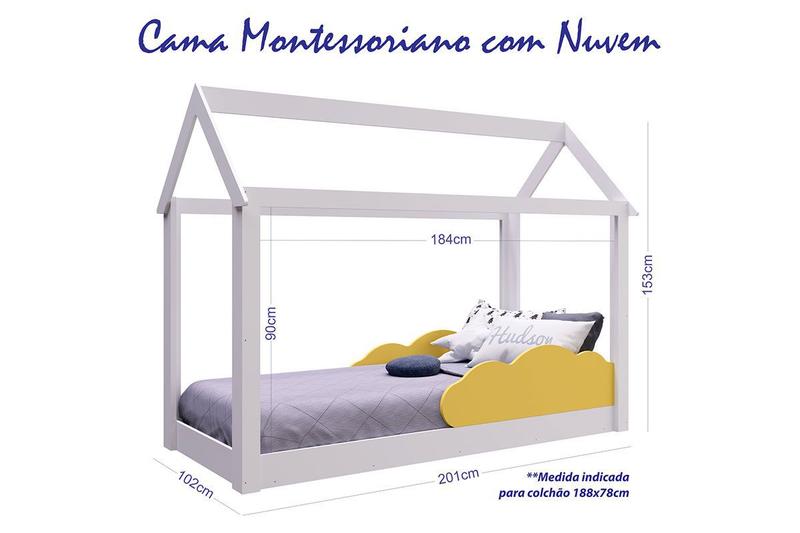 Imagem de Cama Casinha Montessoriana Branco Nuvem Amarela Completa Móveis