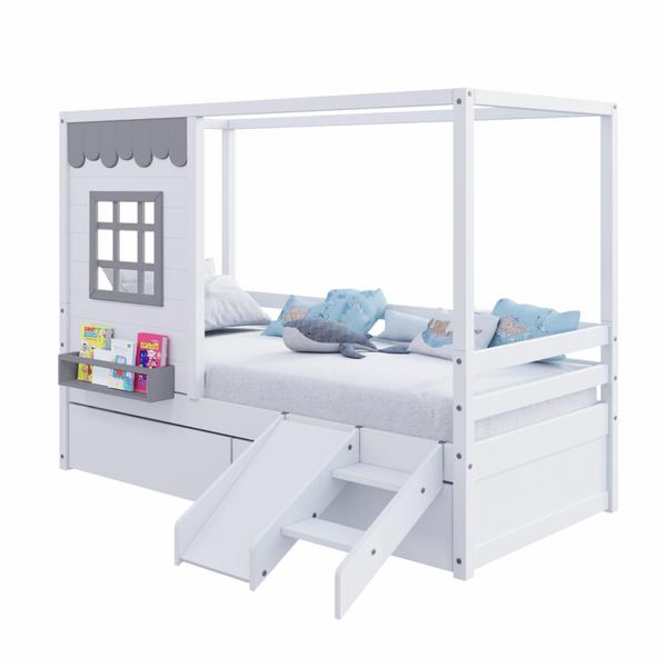 Imagem de Cama Casinha Reta com 02 Gavetas e Escorregador Madeira Maciça Branco/ Cinza Housin