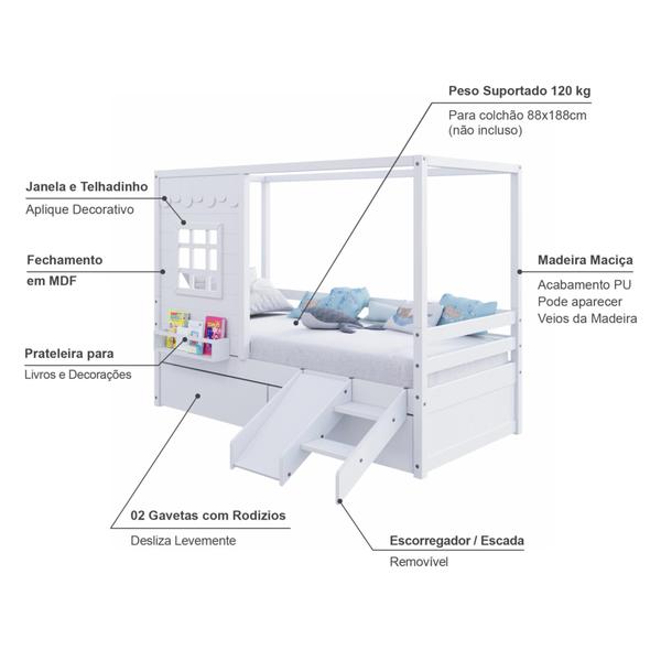 Imagem de Cama Casinha Reta com 02 Gavetas e Escorregador Madeira Maciça Branco Housin