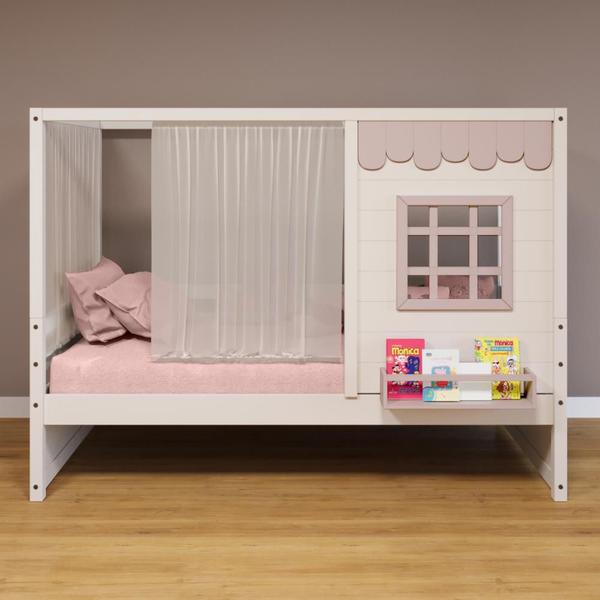 Imagem de Cama Casinha Reta com Cortina Madeira Maciça Branco/ Rosa Housin