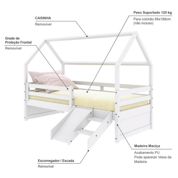 Imagem de Cama Casinha Slim RB com Kit Escada/ Escorregador e Grade de Proteção Branco Housin