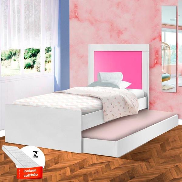 Imagem de Cama Com Auxiliar E 2 Colchões Solteiro Branco E Rosa Luara Cambel