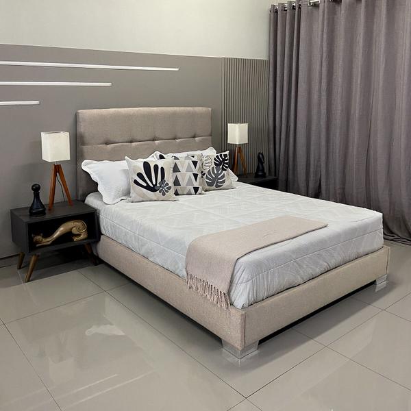 Imagem de Cama Com Cabeceira Almofadada Berlim Linho Bege RBL King 1,95 X 2,05