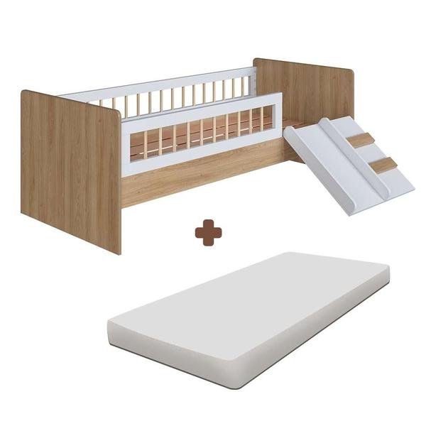 Imagem de Cama Com Colchão Solteiro Montessoriana Infantil 135cm x 193cm Aveiro Oak Branco Affetto Completa Móveis