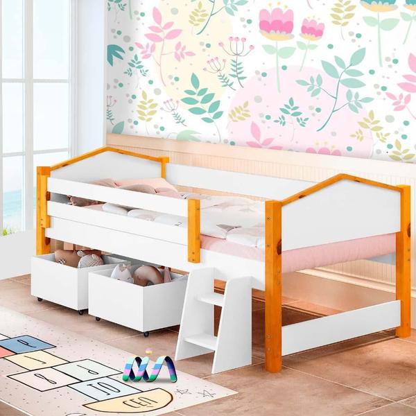 Imagem de Cama Com Escadinha Infantil Solteiro Branco Mel Elza Divaloto