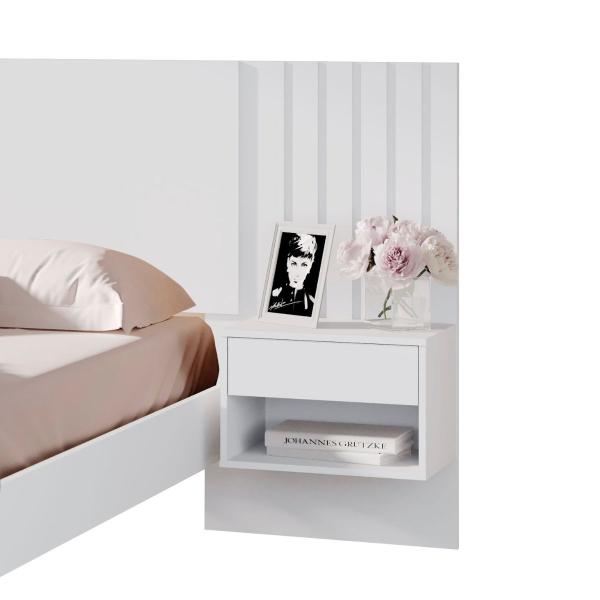 Imagem de Cama de Casal 100% MDF Com Mesa de Cabeceira 2 Gavetas e 2 Nichos Branco Madeirado - Zara - Robel Móveis