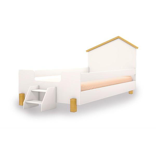 Imagem de Cama de Criança Infantil com Colchão e Escadinha Juvenil Ayla Branca e Natural Luminária Led