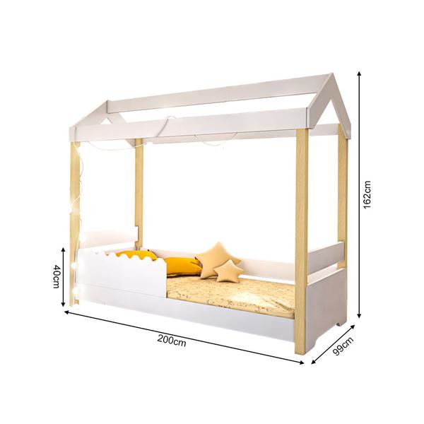 Imagem de Cama de Criança Infantil Montessoriana Solteiro com Led Jhulia Grade Branca - Branco e Natural