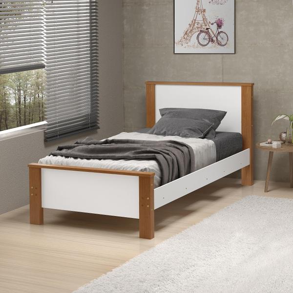 Imagem de cama de quarto moderna mdf com pé e estrado de madeira já com colchão D23 88cm de largura branco/amendoa