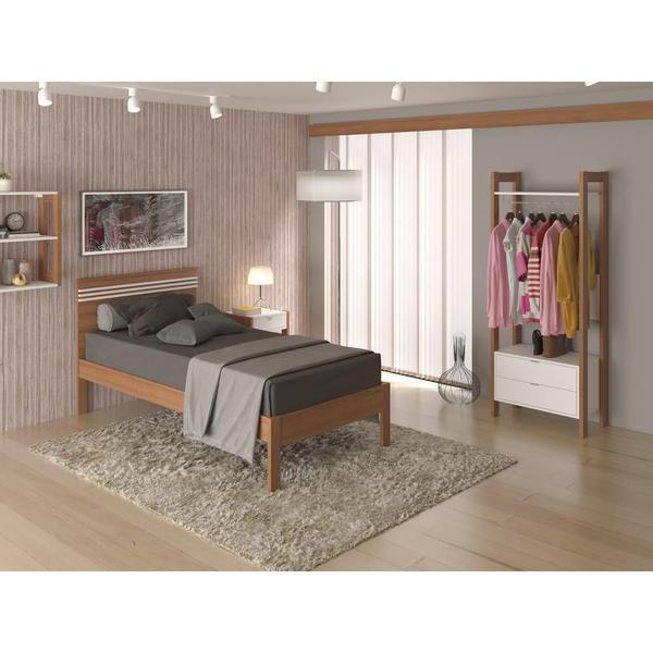 Imagem de Cama de Solteiro 195 cm Com Cabeceira Quarto Adulto Amêndoa Marrom Madeira Branco