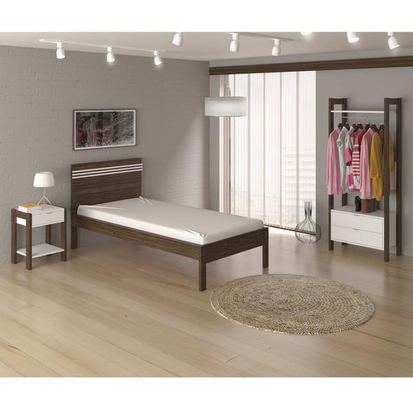 Imagem de Cama de Solteiro 195 cm Com Cabeceira Quarto Adulto Nogal Marrom Madeira Branco