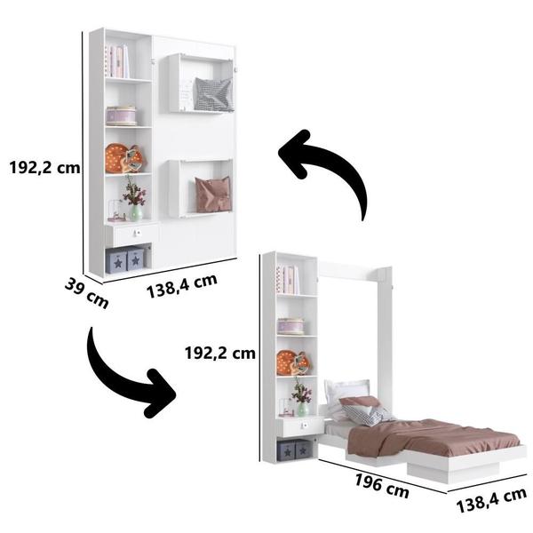 Imagem de Cama de Solteiro Articulável Vertical com Estante Vancouver Art In Móveis Branca