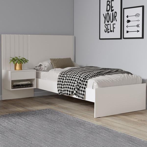 Imagem de Cama de Solteiro Cardigan com Mesa de Cabeceira Branco/Madeirado - Pnr Móveis