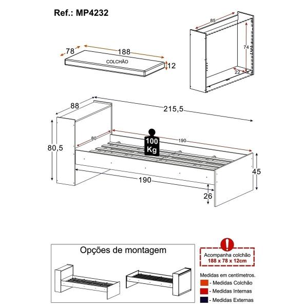 Imagem de Cama de Solteiro com Colchão Incluso e Baú Embutido Multimóveis MP4232 Branco