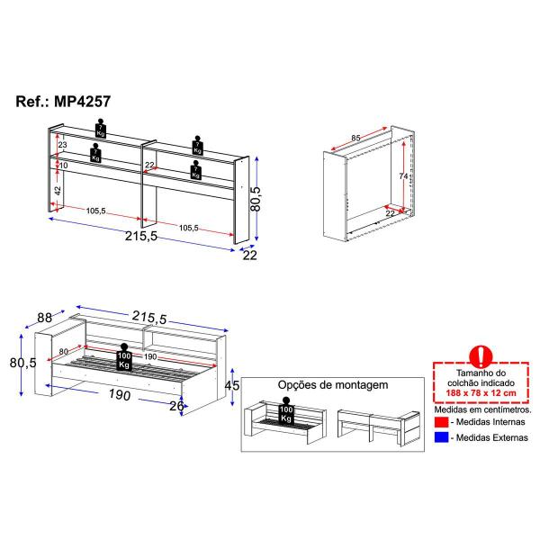 Imagem de Cama de Solteiro para Colchão 188 x 78cm com Baú Embutido e Prateleira Multimóveis MP4257