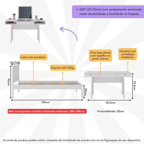 Imagem de Cama de Solteiro para Colchão 88 x 188 cm com Penteadeira 131,5cm Multimóveis CR35247