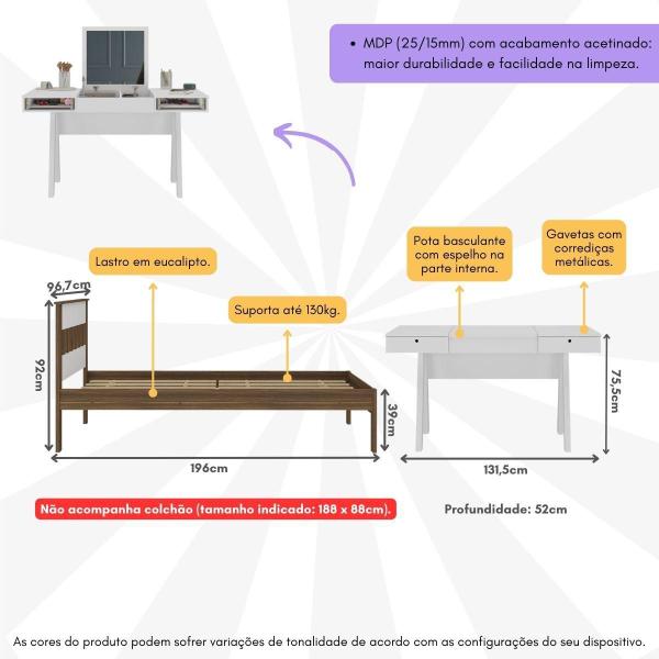 Imagem de Cama de Solteiro para Colchão 88 x 188 cm com Penteadeira 131,5cm Multimóveis CR35247