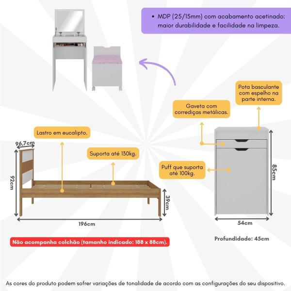 Imagem de Cama de Solteiro para Colchão 88 x 188 cm com Penteadeira 54cm e Puff Multimóveis CR40121