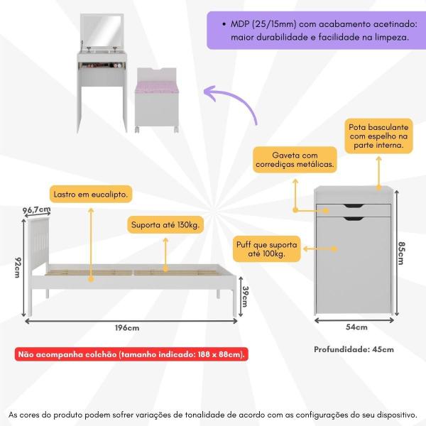 Imagem de Cama de Solteiro para Colchão 88 x 188 cm com Penteadeira 54cm e Puff Multimóveis CR40121