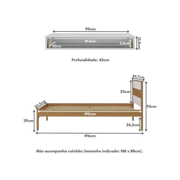 Imagem de Cama de Solteiro para Colchão 88 x 188 cm com Penteadeira 90cm Suspensa Multimóveis CR35248