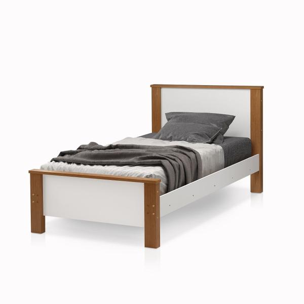 Imagem de Cama de Solteiro Para Quarto C/ Pé de Madeira Branco Amendoa Requinte C/ Colchão Top D23 188x88cm