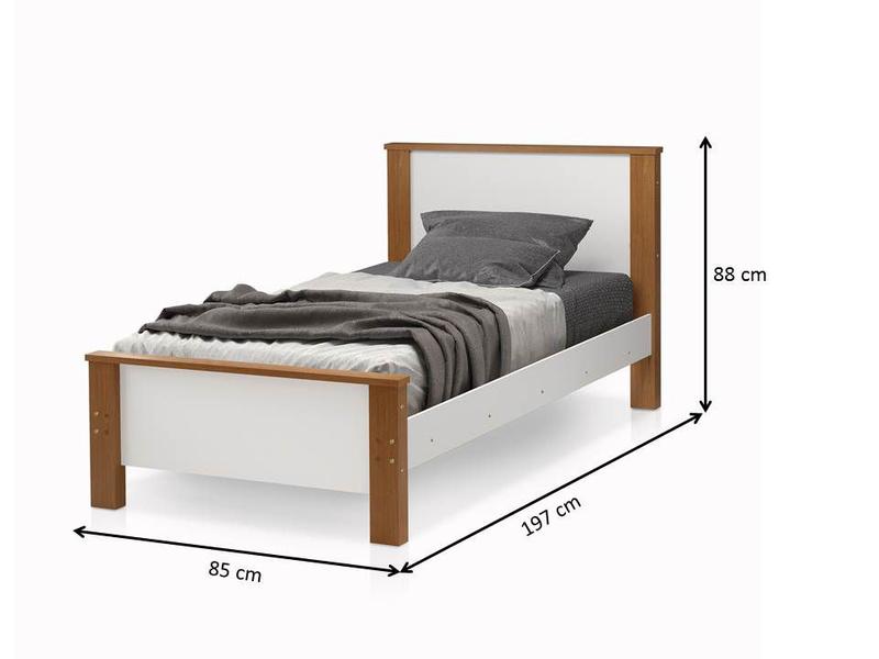 Imagem de Cama De Solteiro Para Quarto MDF C/Madeira Maciça Estilo Moderno Mila Tradicional Branco Com Amendoa