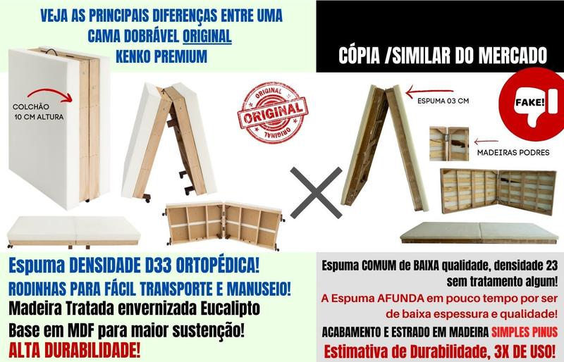 Imagem de Cama Dobrável ALTA 40cm do Chão, Solteiro de Abrir com Colchão Embutido 70cm x 190cm Kenko Premium