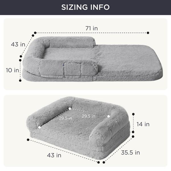 Imagem de Cama dobrável para cães humanos Bedsure para pessoas e adultos, cama gigante calmante de tamanho humano 2 em 1 para famílias de animais de estimação com tapete de apoio de espuma de ovo e forro impermeável, sofá ortopédico de pele sintética para cães, cinza claro