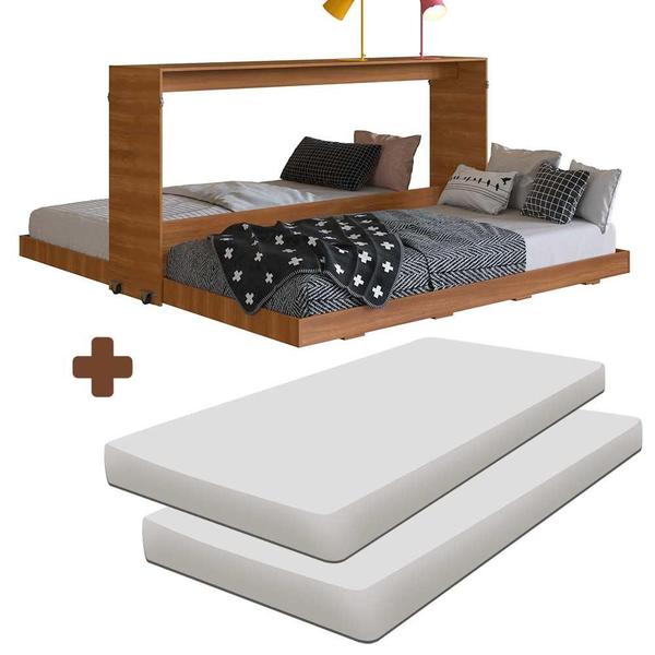 Imagem de Cama Dupla Montessoriana  Articulável Solteiro Nogal Com 2 Colchões Phoenix Art In Móveis