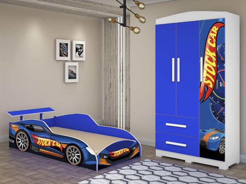 Imagem de Cama E Guarda Roupa Solteiro  Carro Stock Car Azul menino para quarto Criança Portas e gavetas cama resistente decorativa