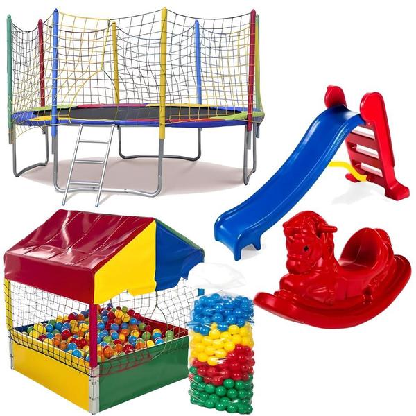 Cama Elástica Pula Pula 3,05m + Piscina de Bolinhas 1,00m Quadrada + Escorregador 3 Degraus + Gangorra 1 Lugar Infantil + 500 Bolinhas - Rotoplay Brinquedos Imagem de Cama Elástica Pula Pula 3,05m + Piscina de Bolinhas 1,00m Quadrada + Escorregador 3 Degraus + Gangorra 1 Lugar Infantil + 500 Bolinhas
