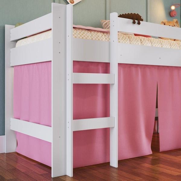 Imagem de Cama Elevada com Escorregador e Cortina 1 Colchão Branco/Rosa