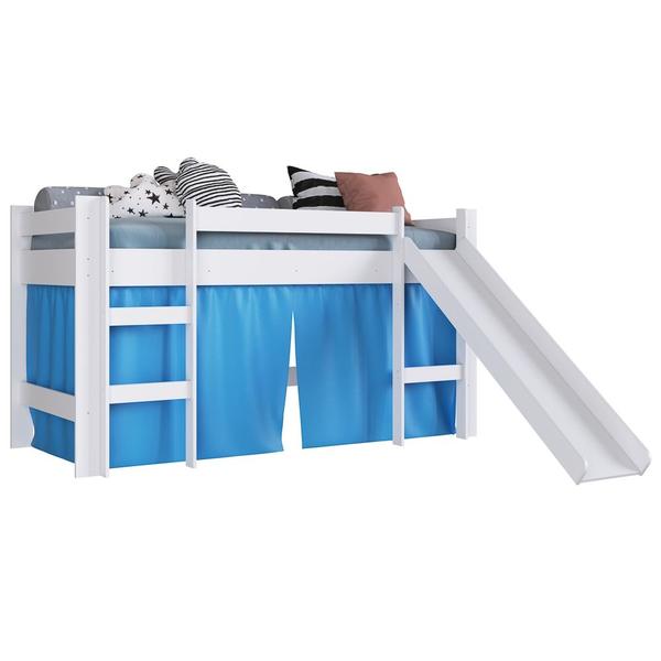 Imagem de Cama Elevada Com Escorregador E Cortina BB1000 Branco/Azul - Completa Móveis