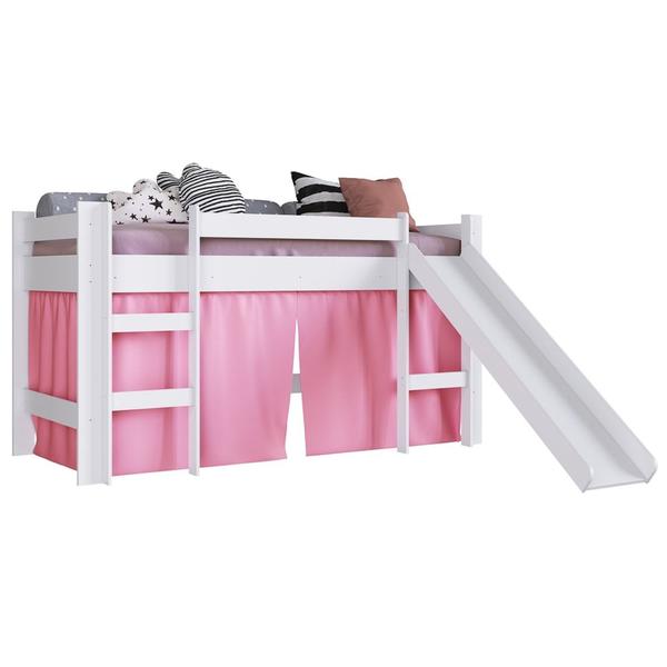 Imagem de Cama Elevada Com Escorregador E Cortina BB1000 Branco/Rosa - Completa Móveis