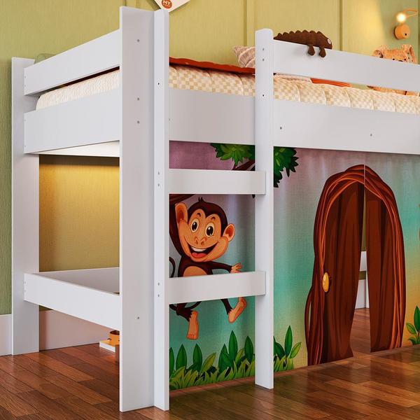 Imagem de Cama Elevada Infantil Solteiro Com Colchão Escorregador Branco E Cortina Estampada Zoo 93 x 202 cm Zimo Shop