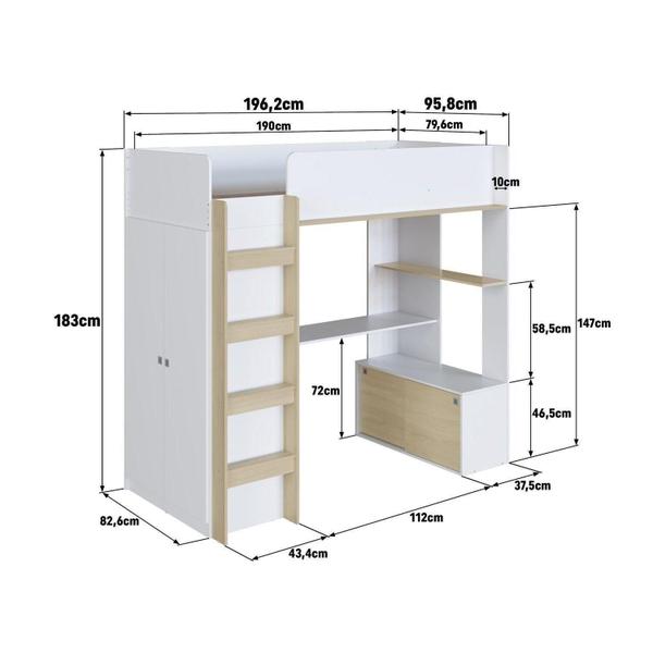 Imagem de Cama Elevada Multifuncional com Armário e Escrivaninha Branco/Carvalho Araguaia