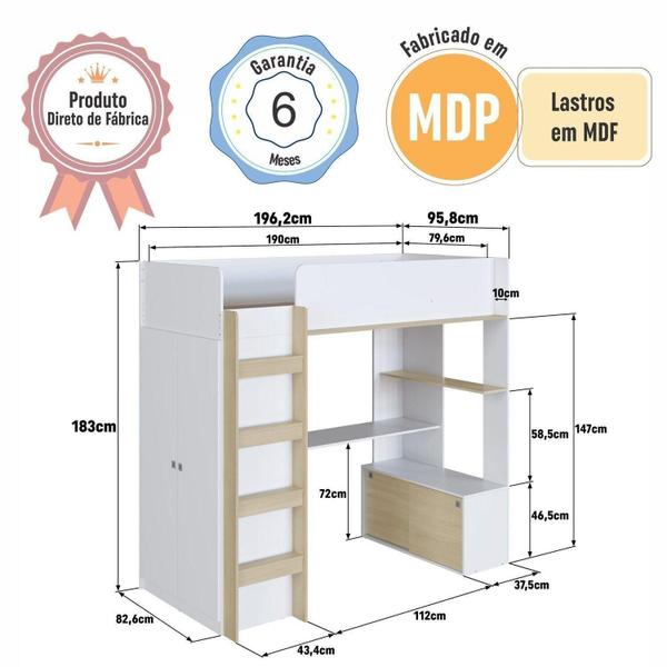 Imagem de Cama Elevada Multifuncional com Armário e Escrivaninha Branco/Carvalho Araguaia