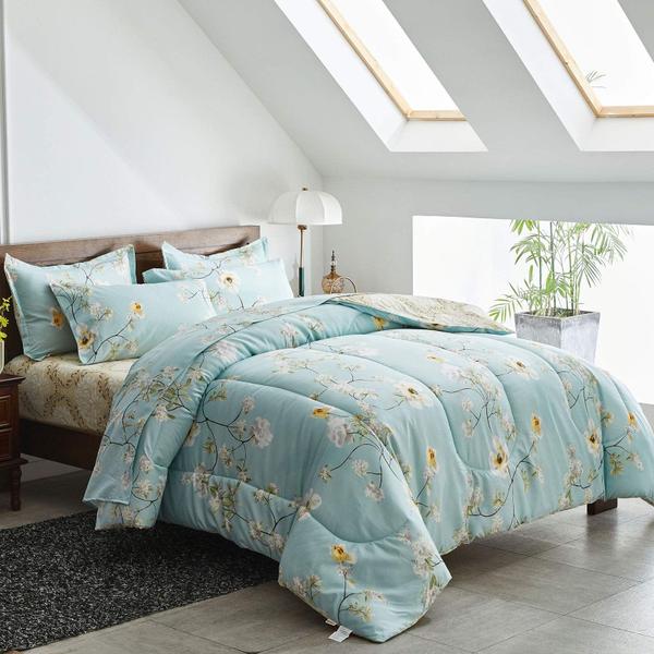 Imagem de Cama em uma bolsa Joyreap Aqua Floral Twin com conjunto de edredom, 6 unidades