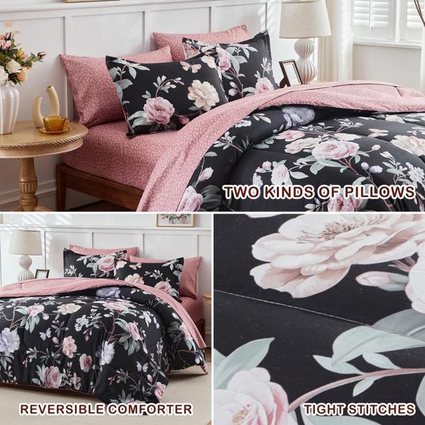 Imagem de Cama em uma bolsa Joyreap King Size 7 peças florais em preto e rosa