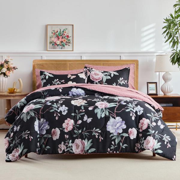 Imagem de Cama em uma bolsa Joyreap King Size 7 peças florais em preto e rosa