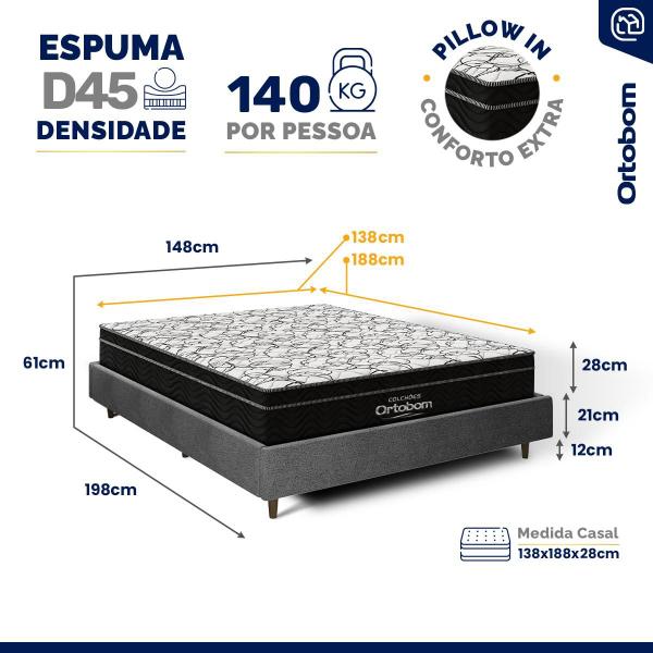 Imagem de Cama Genebra Bouclé com Colchão de Espuma D45 Ortobom Airtech Ortopillow 150 Casal 138cm